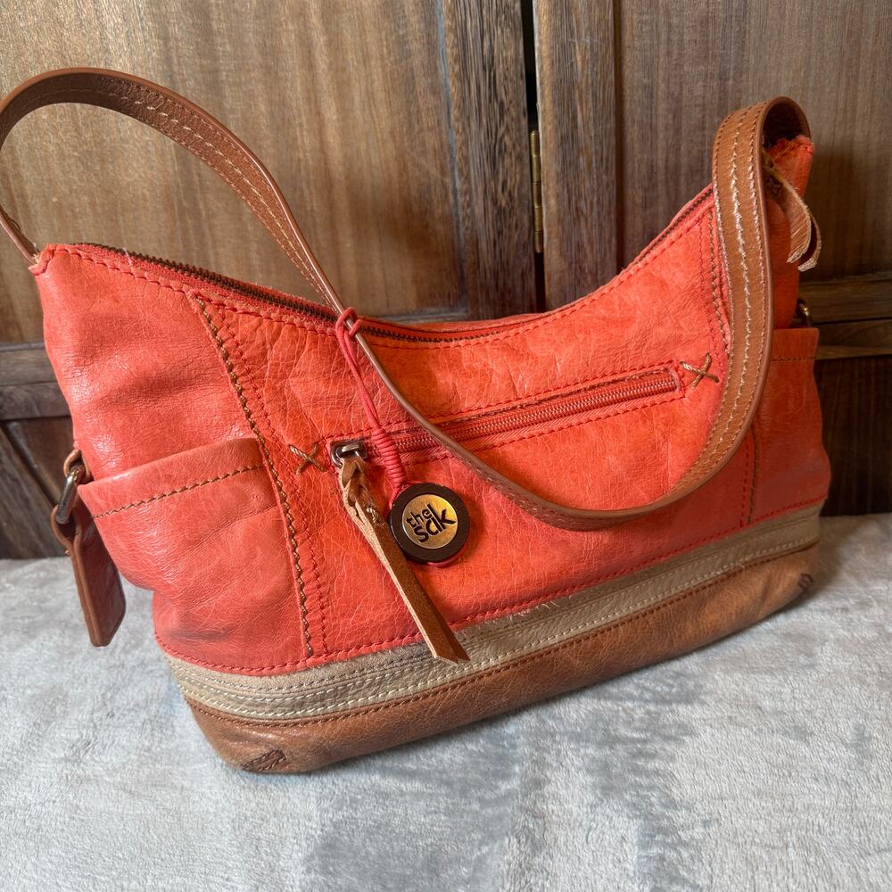 The Sak Leather Shoulder Bag Coral Orange Brown Colorblock Hobo Purse Boho